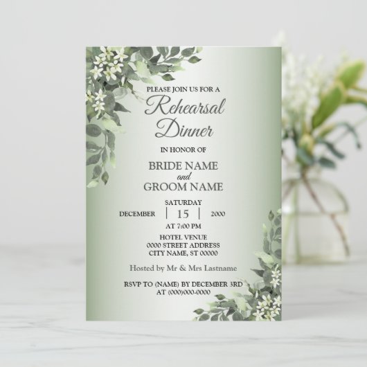 Rustic Floral Greenery Leaves Rehearsal Dinner Einladung (Stehend Vorderseite)
