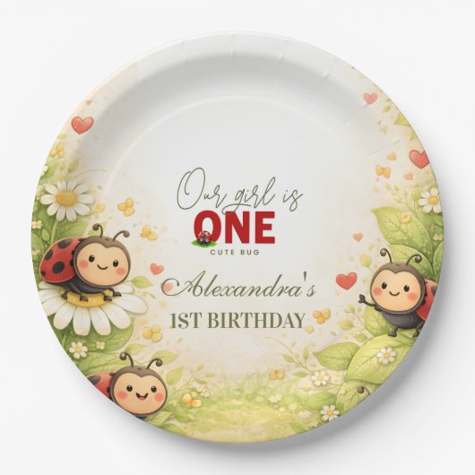 Rustic Floral Lady Bug 1st Birthday Pappteller (Vorderseite)