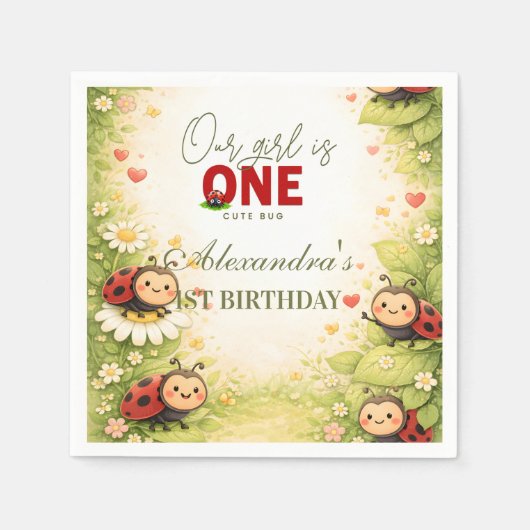 Rustic Floral Lady Bug 1st Birthday Serviette (Vorderseite)