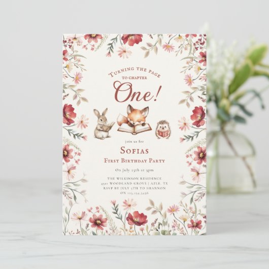 Rustic Floral next chapter first birthday Einladung (Stehend Vorderseite)