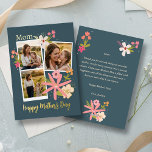Rustic Floral Photo Collage Mother's Day Real Folien Feiertagskarte<br><div class="desc">Give Mom a gift that feels as warm as a summer afternoon. This elegant real foil pressed Mother’s Day card features a beautiful three-photo collage, allowing you to showcase your favorite moments—from quiet hugs to playful walks in the meadow. Set against a sophisticated deep teal background, the design is accented...</div>