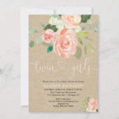 Rustic floral twin girls kraft baby shower einladung (Vorderseite)