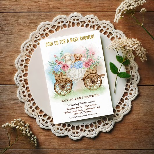 Rustic Floral Wagon Baby Shower Invitation Postkarte
