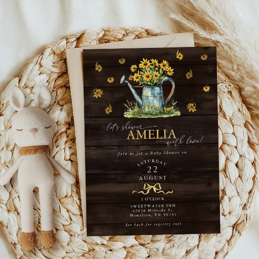 Rustic Floral Watering Can Baby Girl Shower Einladung