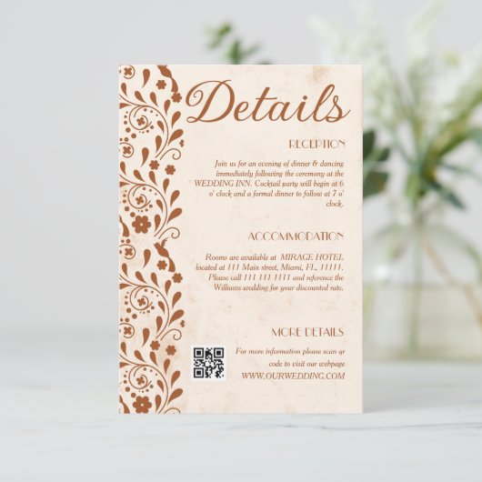 Rustic Floral Wedding Details QR code Begleitkarte (Stehend Vorderseite)