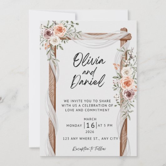 Rustic Floral Wedding Invitation, Elegant Boho Wed Einladung (Vorderseite)