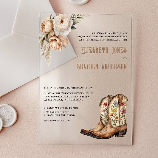 Rustic Floral Western Cowboy Boots Wedding Acryleinladungen