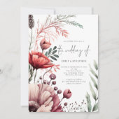 Rustic Florals 3 Fotos QR Code Burgundy Wedding Einladung (Vorderseite)
