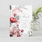 Rustic Florals 3 Fotos QR Code Burgundy Wedding Einladung (Stehend Vorderseite)