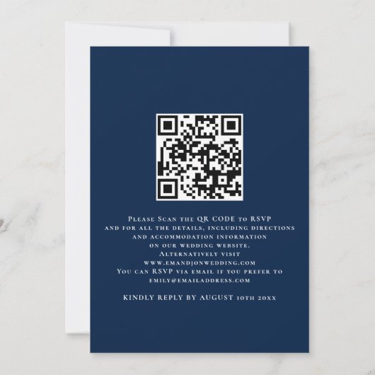 Rustic Florals QR Code Navy Blue Wedding Einladung (Rückseite)
