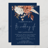 Rustic Florals QR Code Navy Blue Wedding Einladung (Vorne/Hinten)