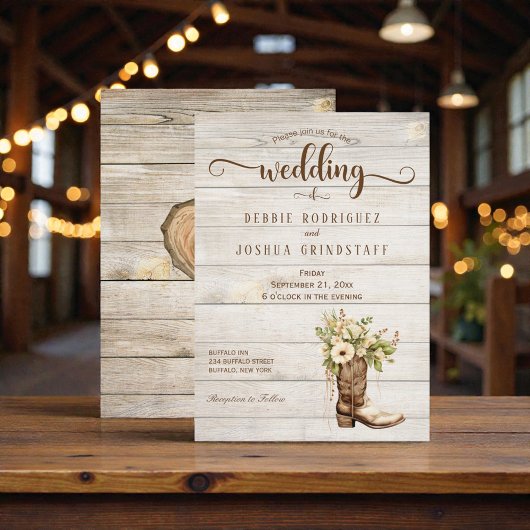 Rustic Flower Boot on Wood Wedding Invitation Einladung