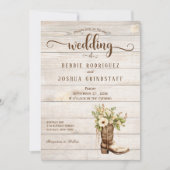 Rustic Flower Boot on Wood Wedding Invitation Einladung (Vorderseite)