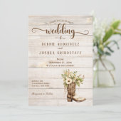 Rustic Flower Boot on Wood Wedding Invitation Einladung (Stehend Vorderseite)