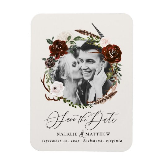 Rustic foliag, burgundy floral photo wedding magnet (Vertikal)