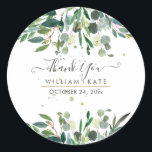Rustic Foliage Blue Gum Eucalyptus Vielen Dank Runder Aufkleber<br><div class="desc">Rustikale Aquarellanlage aus blauem Kaugummi Eukalyptus,  waldgrünes Blattwerk. DIY-Veranstaltung oder einfach ein Dankeschön an Gastgeschenk Hochzeit Aufkleber mit lustigen und modernen handgeschriebenen Drehbuch-Schriftart in Imitate goldene Folie und DIY Hintergrund Farbe. Copyright © 2016-2020 Bombino Designs™. Alle Rechte vorbehalten.</div>