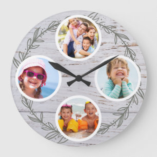 Rustic Foliage Keepsake Family Multi Photo Große Wanduhr