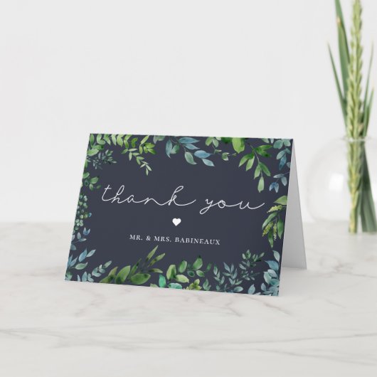 Rustic Foliage Navy Blue Wedding Foto Vielen Dank Dankeskarte (Vorderseite)