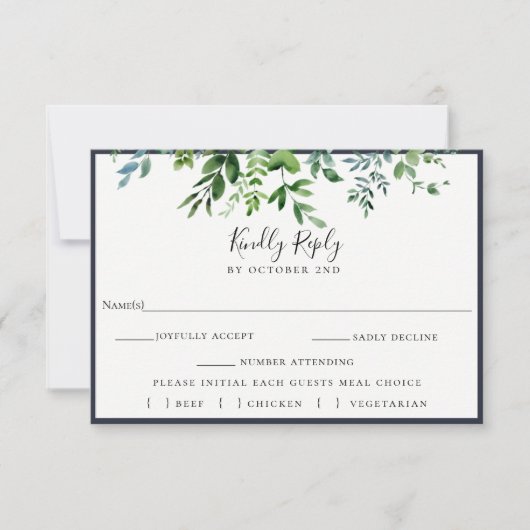 Rustic Foliage Navy Wedding RSVP Meal Choice Card Karte (Vorderseite)