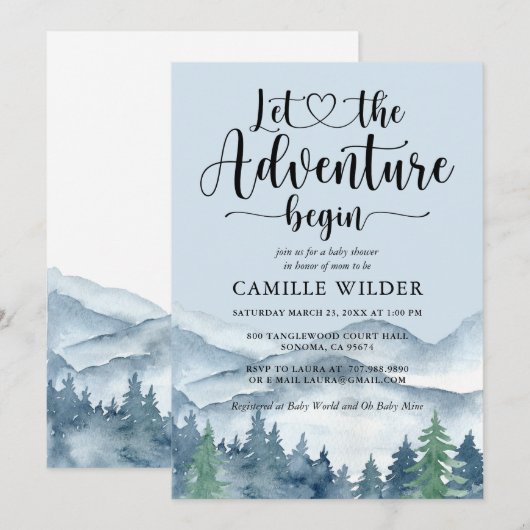 Rustic Forest Adventure Mountains Blue Baby Dusche Einladung (Vorne/Hinten)