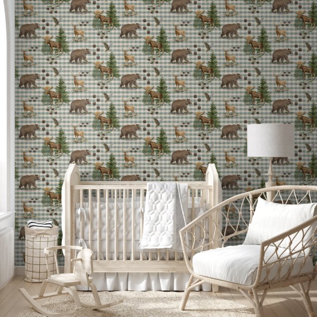 Rustic Forest Bear Deer Moose Blue Watercolor Tapete (Kinder)