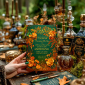 Rustic Forest Green Floral & Gold Autumn Wedding Einladung