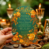 Rustic Forest Green Floral & Gold Autumn Wedding Einladung