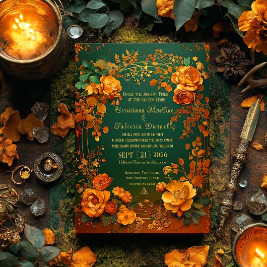 Rustic Forest Green Floral & Gold Autumn Wedding Einladung