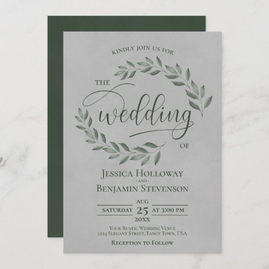 Rustic Forest Green Leaves Elegant Gray Wedding Einladung (Vorne/Hinten)