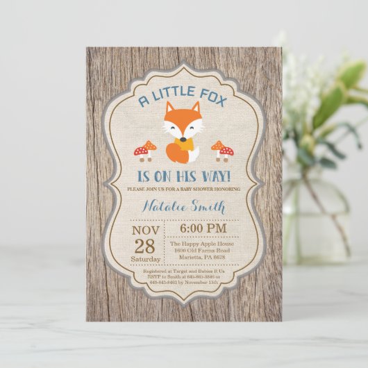 Rustic Fox Baby Shower Einladung Junge (Stehend Vorderseite)