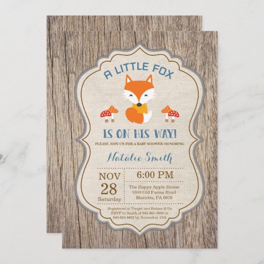 Rustic Fox Baby Shower Einladung Junge (Vorne/Hinten)