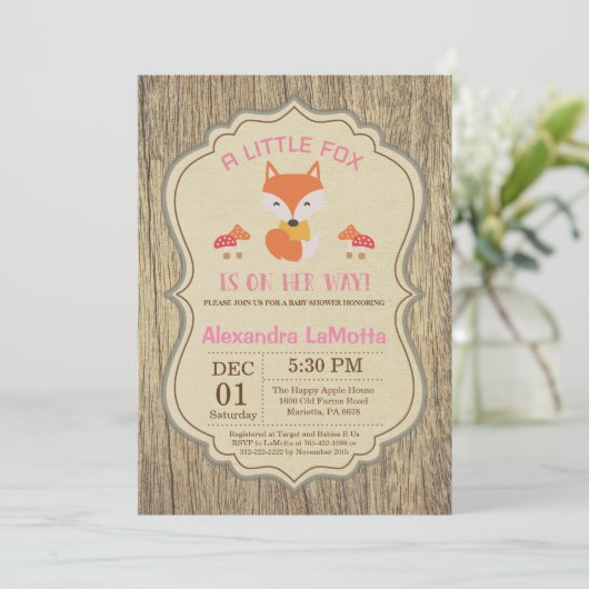 Rustic Fox Baby Shower Invasion Girl Einladung (Stehend Vorderseite)