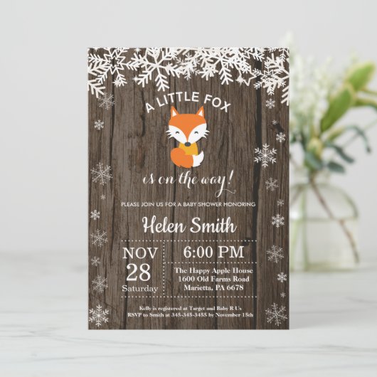 Rustic Fox Winter Baby Dusche Einladung (Stehend Vorderseite)
