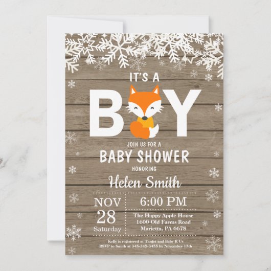 Rustic Fox Winter Boy Baby Dusche Einladung (Vorderseite)
