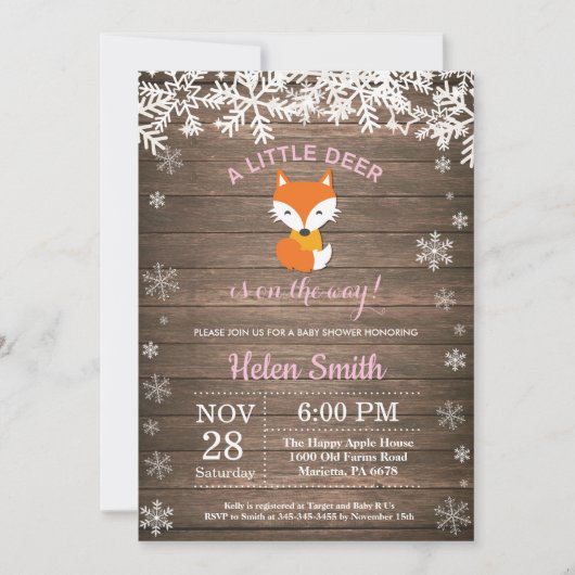 Rustic Fox Winter Girl Babydusche Einladung (Vorderseite)