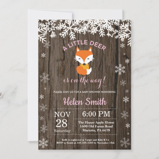 Rustic Fox Winter Girl Babydusche Einladung (Vorderseite)