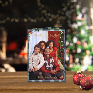 Rustic Frohe Christmas Blue Red Kariert 1 Foto Karte