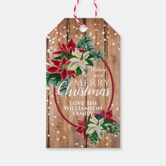 Rustic Frohe Christmas Poinsettia Floral Geschenkanhänger (Vorderseite)