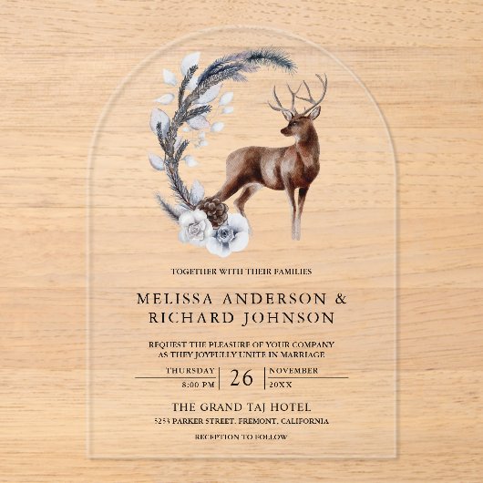 Rustic Frosted Pine Leaves Forest Deer Wedding Acryleinladungen (Vorderseite)