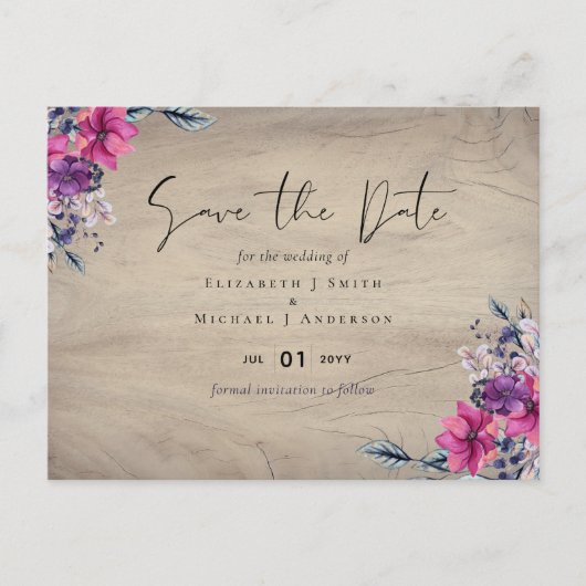Rustic Fuchsia Floral Woodland Wedding Rett Dates Postkarte (Vorderseite)