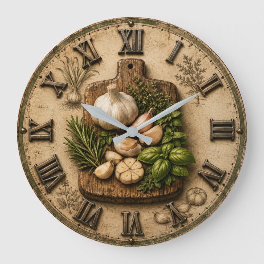 Rustic Garlic & Fresh Herbs Farmhouse Kitchen Große Wanduhr (Vorderseite)