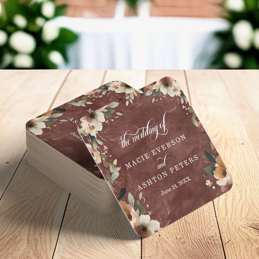 Rustic Garnet Cotattcore Floral Hochzeitsempfang Rechteckiger Pappuntersetzer