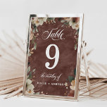 Rustic Garnet Cotattcore Hochzeitsempfehlung Abend Tischnummer<br><div class="desc">Stellen Sie unsere Ethereal Elegance Tischnummer Cards vor, die sorgfältig erstellt wurden, um Ihre Gäste nahtlos zu den dafür vorgesehenen Tischen zu führen. Jede Karte zeigt einen Tabellentext in einem schönen Kalligraphieskript, ergänzt durch unsere charakteristische Aquarellblume, die ein romantisches und stimmiges Aussehen in Ihrem Empfang verleiht. Diese Tischnummern sind in...</div>