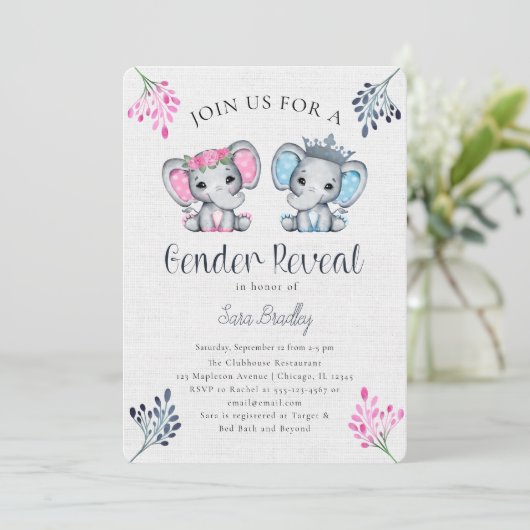 Rustic Gender Reveal Burlap Elefant Baby Dusche Einladung (Stehend Vorderseite)
