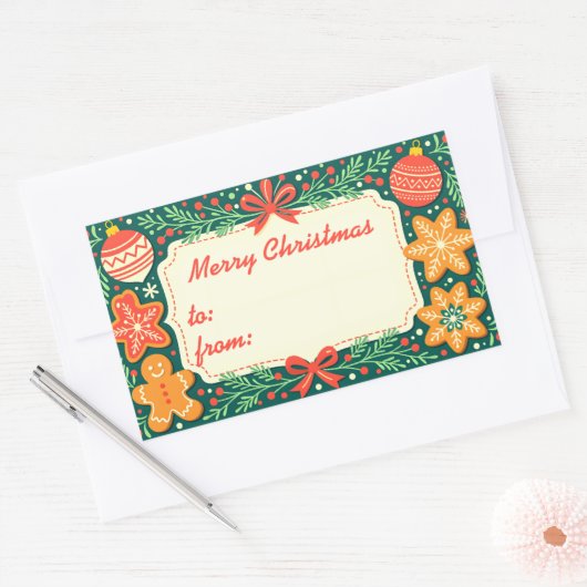 Rustic Gingerbread Holly Wreath Frohe Weihnachten Rechteckiger Aufkleber (Umschlag)