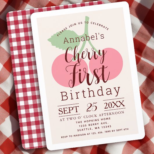 Rustic Gingham Cherry Erster Geburtstag Einladung