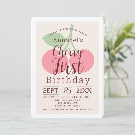 Rustic Gingham Cherry Erster Geburtstag Einladung (Stehend Vorderseite)
