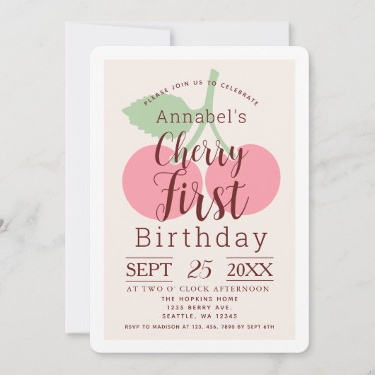 Rustic Gingham Cherry Erster Geburtstag Einladung (Vorderseite)