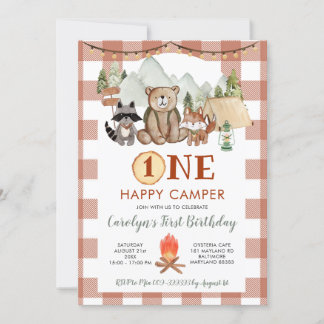Rustic Gingham One Happy Camper Erster Geburtstag Einladung