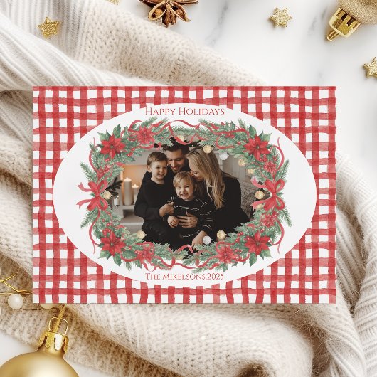 Rustic Gingham Poinsettia Photo Christmas Feiertagskarte